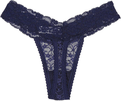 5-Pack Women'S Thin Lace Hollowed-Out T-Back Low Waist Ice Silk Sexy Cheeky Thong See-Through Panties Black and White and Red and Orange and Dark Blue / X-Large