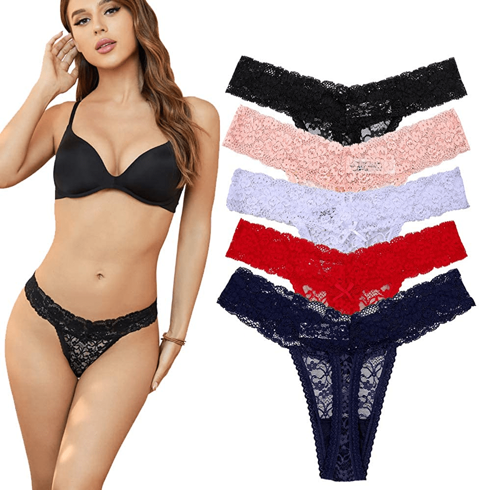 5-Pack Women'S Thin Lace Hollowed-Out T-Back Low Waist Ice Silk Sexy Cheeky Thong See-Through Panties Apparel & Accessories > Clothing > Underwear & Socks > Underwear sesil Black and White and Red and Orange and Dark Blue Small 
