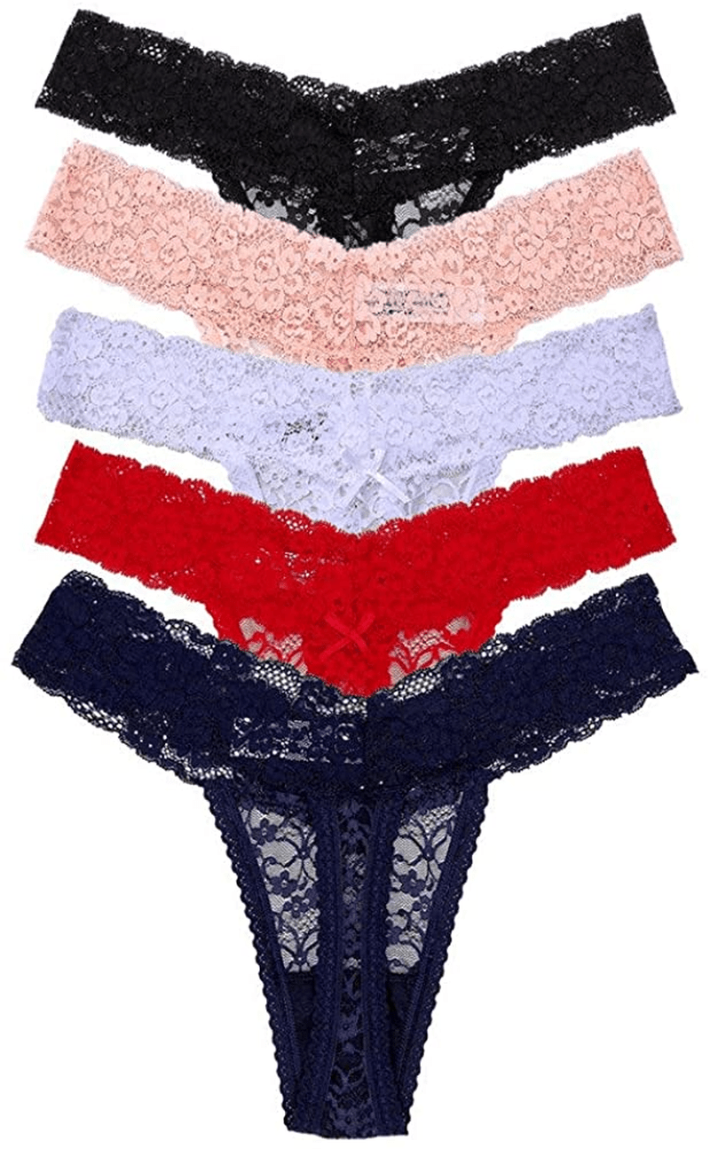 5-Pack Women'S Thin Lace Hollowed-Out T-Back Low Waist Ice Silk Sexy Cheeky Thong See-Through Panties Apparel & Accessories > Clothing > Underwear & Socks > Underwear sesil   