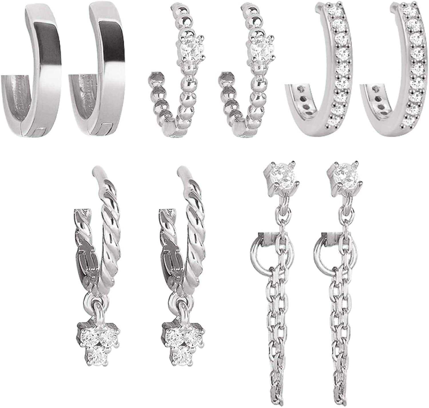5 Pairs Gold Silver Huggies Hoop Earrings Set for Women Girls Small Dangle Chain Hoop Earrings Jewelry for Gifts Silver