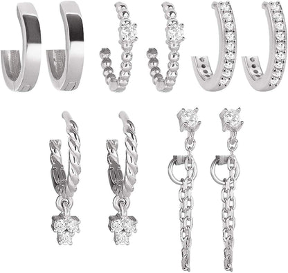 5 Pairs Gold Silver Huggies Hoop Earrings Set for Women Girls Small Dangle Chain Hoop Earrings Jewelry for Gifts Silver
