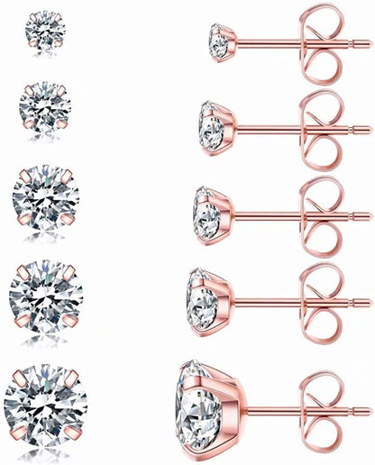 5 Pairs Stud Earrings Set, Hypoallergenic Cubic Zirconia 316L Earrings Stainless Steel CZ Earrings 3-8Mm, Rose Gold B（Rose Gold）