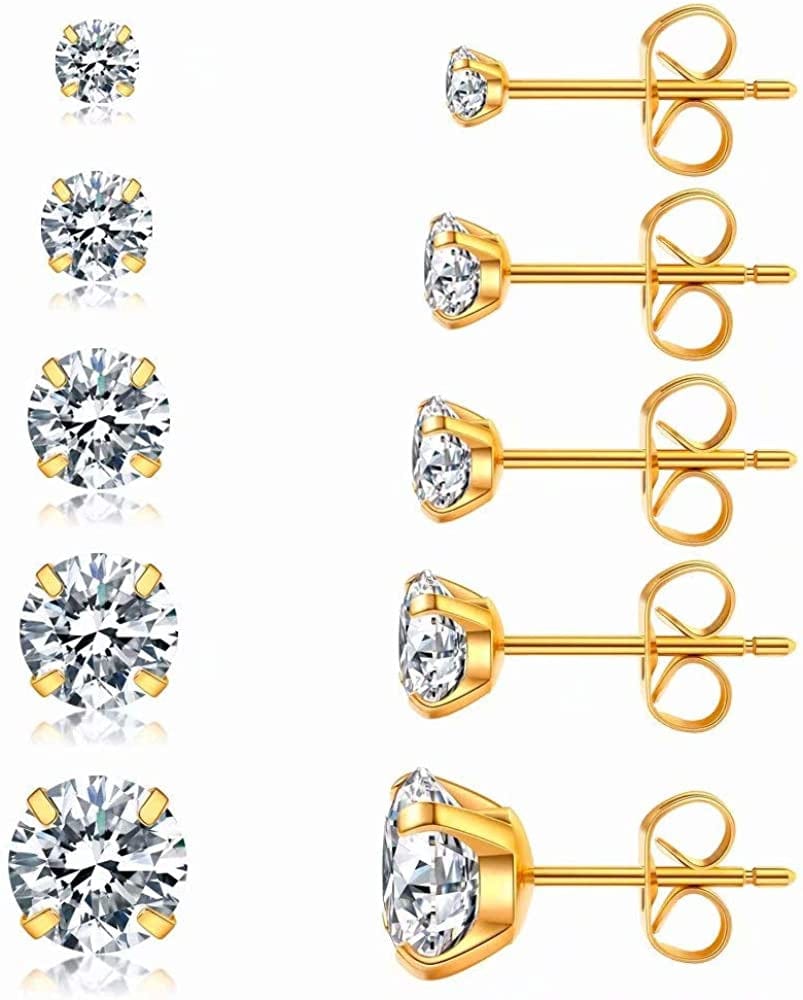 5 Pairs Stud Earrings Set, Hypoallergenic Cubic Zirconia 316L Earrings Stainless Steel CZ Earrings 3-8Mm, Rose Gold C（Gold）