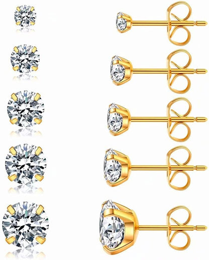 5 Pairs Stud Earrings Set, Hypoallergenic Cubic Zirconia 316L Earrings Stainless Steel CZ Earrings 3-8Mm, Rose Gold C（Gold）