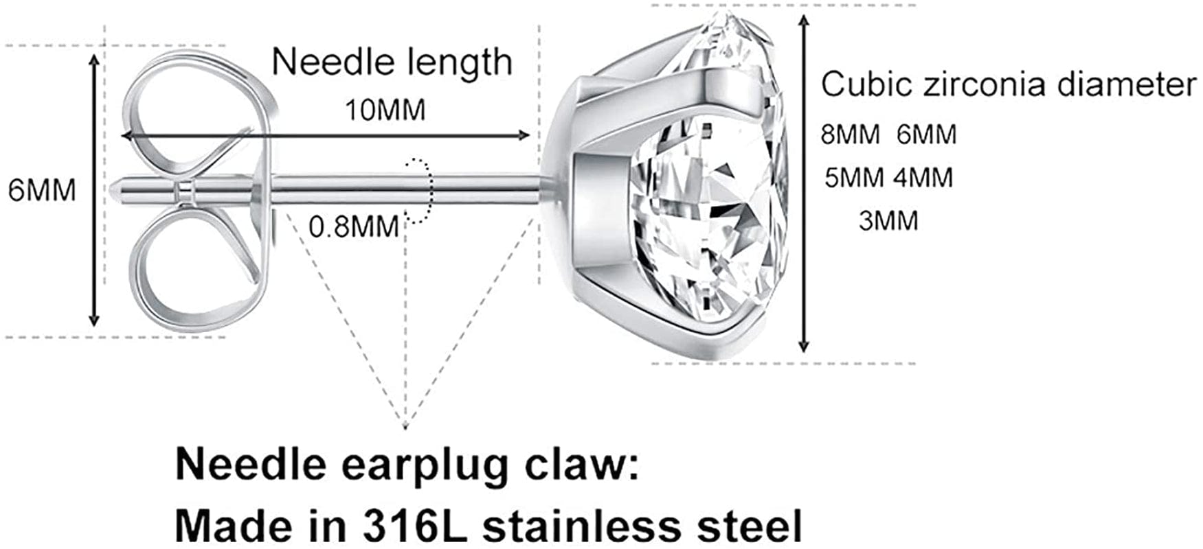 5 Pairs Stud Earrings Set, Hypoallergenic Cubic Zirconia 316L Earrings Stainless Steel CZ Earrings 3-8Mm, Rose Gold