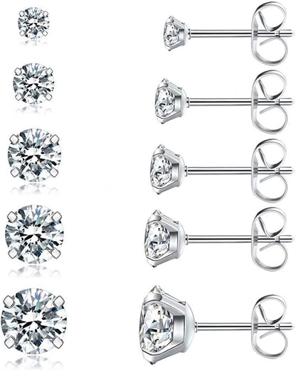 5 Pairs Stud Earrings Set, Hypoallergenic Cubic Zirconia 316L Earrings Stainless Steel CZ Earrings 3-8Mm, Rose Gold A（Silver）