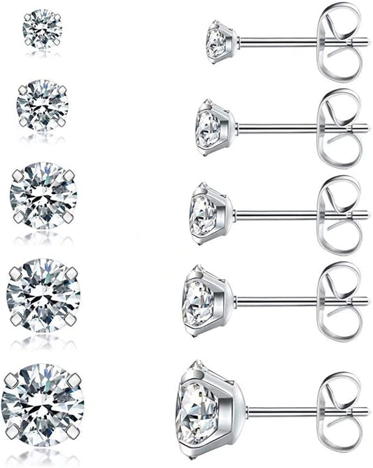 5 Pairs Stud Earrings Set, Hypoallergenic Cubic Zirconia 316L Earrings Stainless Steel CZ Earrings 3-8Mm, Rose Gold A（Silver）