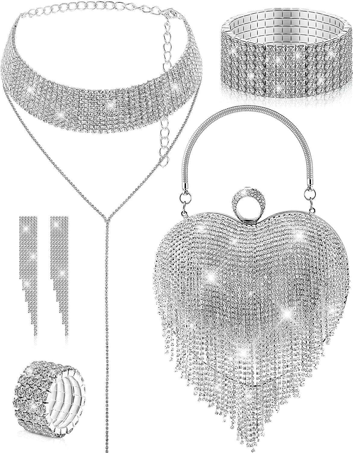 5 Pcs Valentine'S Day Rhinestone Clutch Purses Jewelry Set for Women Heart Shape Tassel Evening Clutch Bag Silver