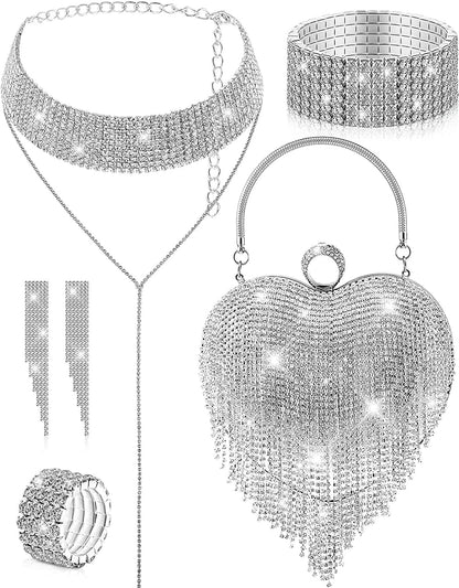5 Pcs Valentine'S Day Rhinestone Clutch Purses Jewelry Set for Women Heart Shape Tassel Evening Clutch Bag Silver