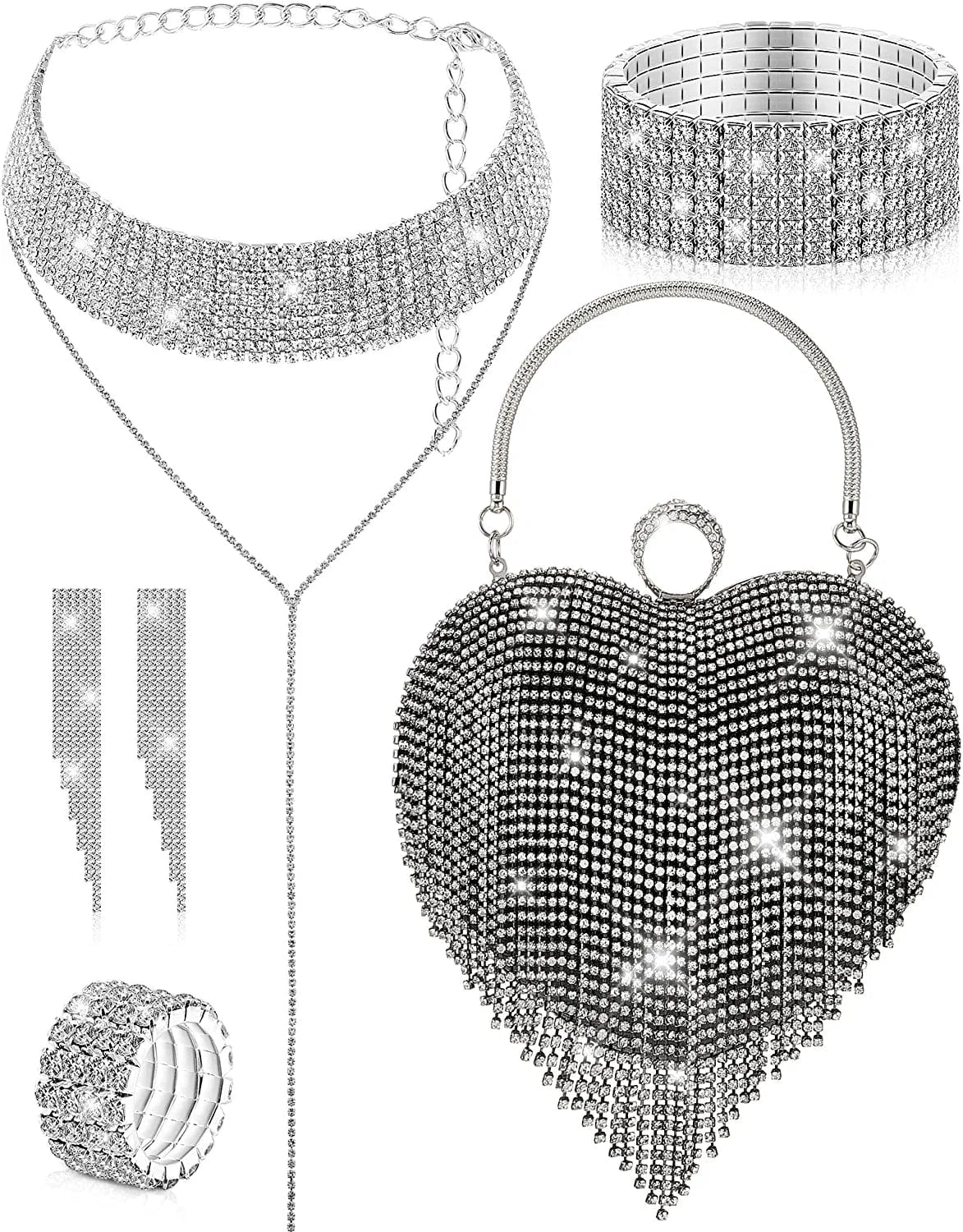 5 Pcs Valentine'S Day Rhinestone Clutch Purses Jewelry Set for Women Heart Shape Tassel Evening Clutch Bag Black