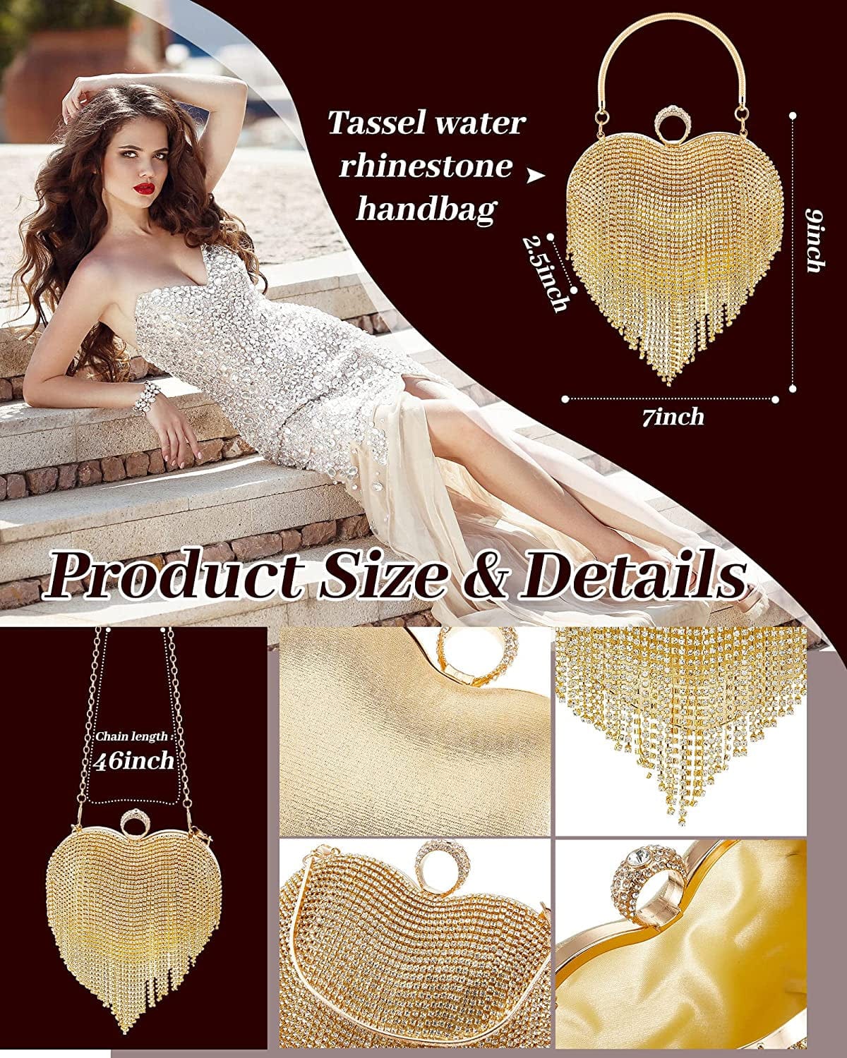 5 Pcs Valentine'S Day Rhinestone Clutch Purses Jewelry Set for Women Heart Shape Tassel Evening Clutch Bag