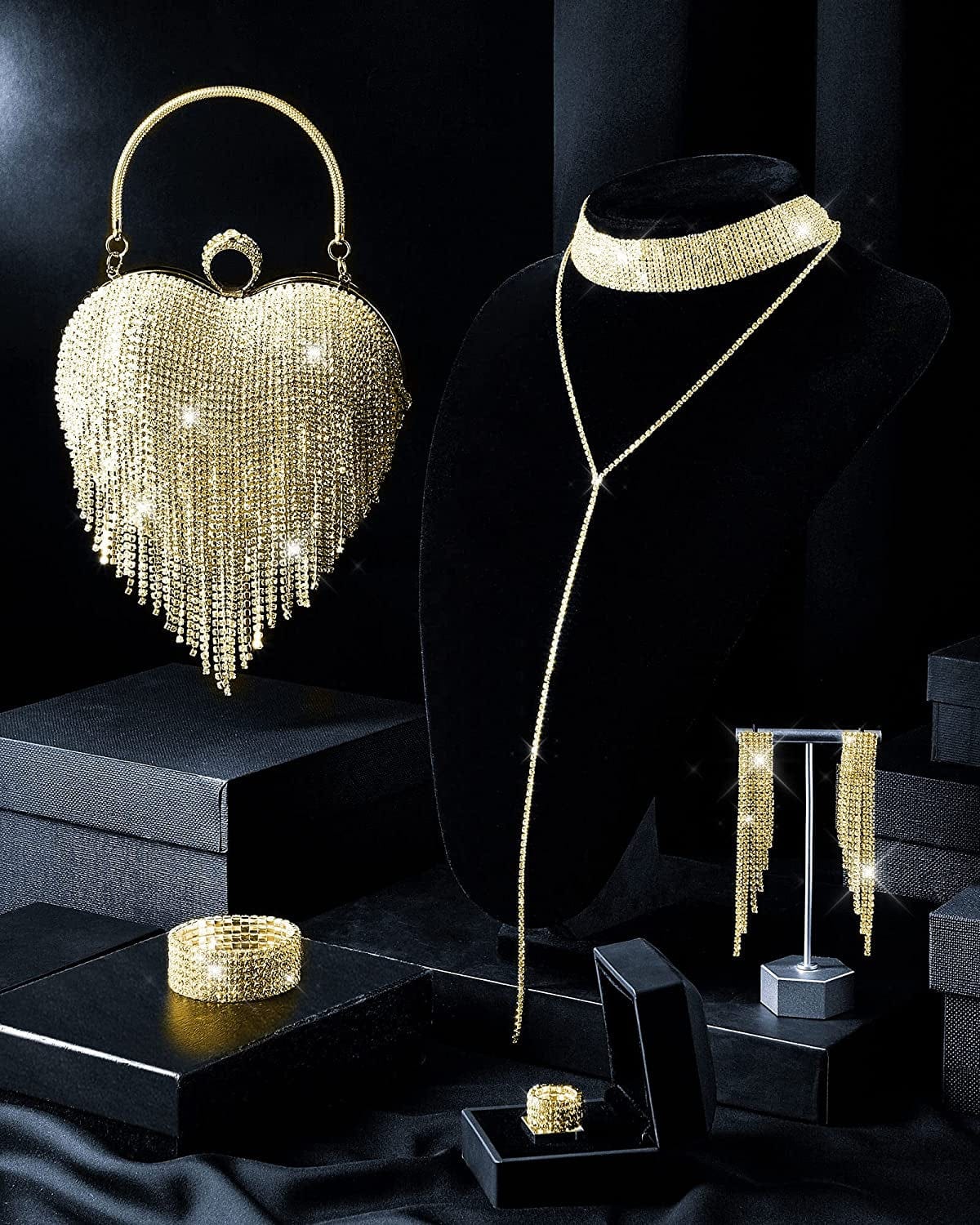 5 Pcs Valentine'S Day Rhinestone Clutch Purses Jewelry Set for Women Heart Shape Tassel Evening Clutch Bag