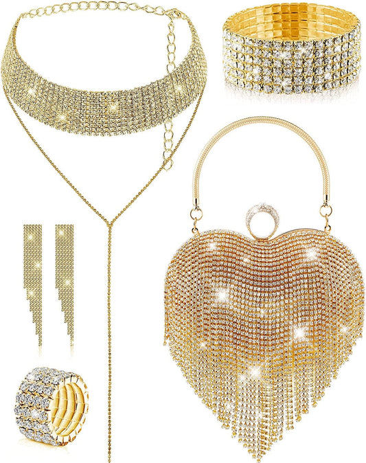5 Pcs Valentine'S Day Rhinestone Clutch Purses Jewelry Set for Women Heart Shape Tassel Evening Clutch Bag Gold