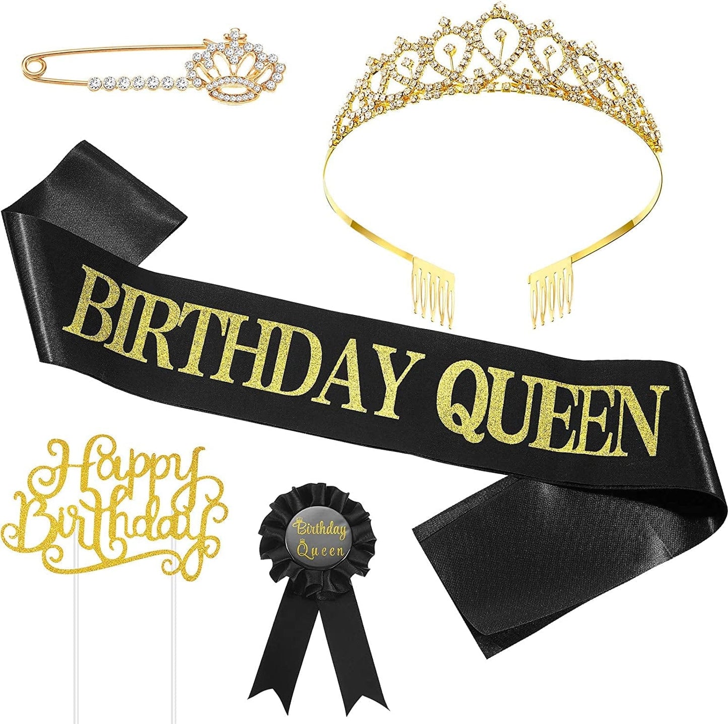 5 Pieces Birthday Accessories, Include Birthday Queen Sash, Tiara, Tinplate Badge Pin, Brooch Clip Pin and Happy Birthday Cupcake Topper for Women Birthday Party Favors Apparel & Accessories > Clothing Accessories > Sashes WILLBOND   
