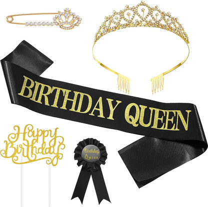 5 Pieces Birthday Accessories, Include Birthday Queen Sash, Tiara, Tinplate Badge Pin, Brooch Clip Pin and Happy Birthday Cupcake Topper for Women Birthday Party Favors Apparel & Accessories > Clothing Accessories > Sashes WILLBOND   