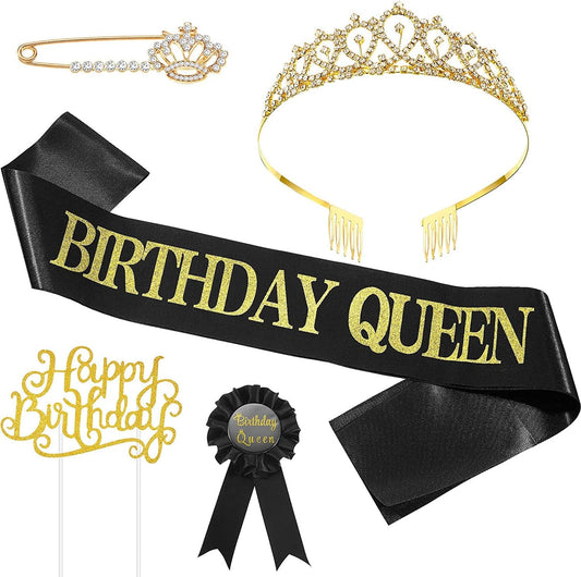 5 Pieces Birthday Accessories, Include Birthday Queen Sash, Tiara, Tinplate Badge Pin, Brooch Clip Pin and Happy Birthday Cupcake Topper for Women Birthday Party Favors Apparel & Accessories > Clothing Accessories > Sashes WILLBOND   