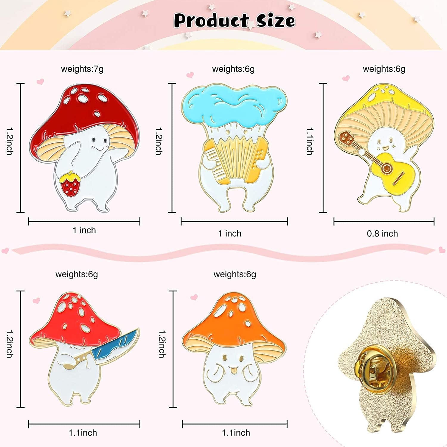 5 Pieces Mushroom Enamel Pin Brooches Mushroom Pins Lapel Badge Cute Cartoon Mushroom Brooches Set Funny Button Backpack Pins Back to School Gift for Clothes Hats, 5 Styles
