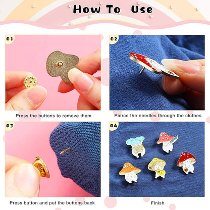 5 Pieces Mushroom Enamel Pin Brooches Mushroom Pins Lapel Badge Cute Cartoon Mushroom Brooches Set Funny Button Backpack Pins Back to School Gift for Clothes Hats, 5 Styles