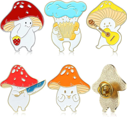 5 Pieces Mushroom Enamel Pin Brooches Mushroom Pins Lapel Badge Cute Cartoon Mushroom Brooches Set Funny Button Backpack Pins Back to School Gift for Clothes Hats, 5 Styles