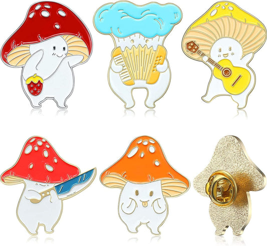 5 Pieces Mushroom Enamel Pin Brooches Mushroom Pins Lapel Badge Cute Cartoon Mushroom Brooches Set Funny Button Backpack Pins Back to School Gift for Clothes Hats, 5 Styles