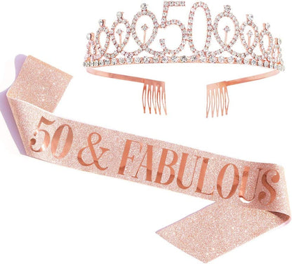 "50 and Fabulous" Sash & Rhinestone Tiara Set - 50Th Birthday Sash 50 Birthday Gifts Party Favors Apparel & Accessories > Clothing Accessories > Sashes ADBetty   