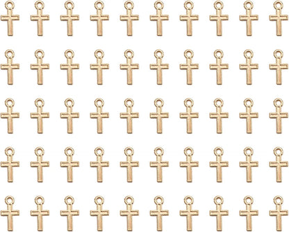 50 Pcs Mini Cross Charm Metal Mini Pendant Beads for Jewelry Making Finding Necklace Bracelet Earring Keychain DIY Gift Idea Handmade Craft Accessories (Gold) Gold