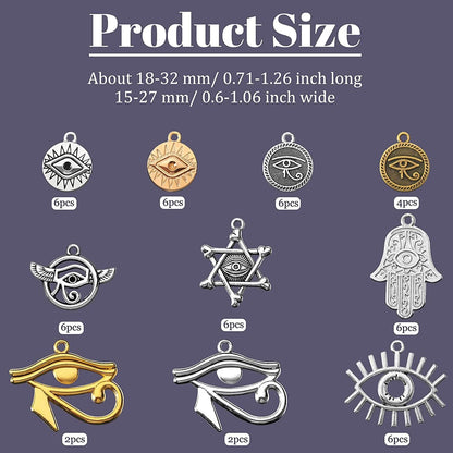 50 Pieces Eye of Horus Charms Pendant Tibetan Magic Metal Charms Mixed Craft Charm for DIY Necklace Bracelet Jewelry Making Crafting Supplies