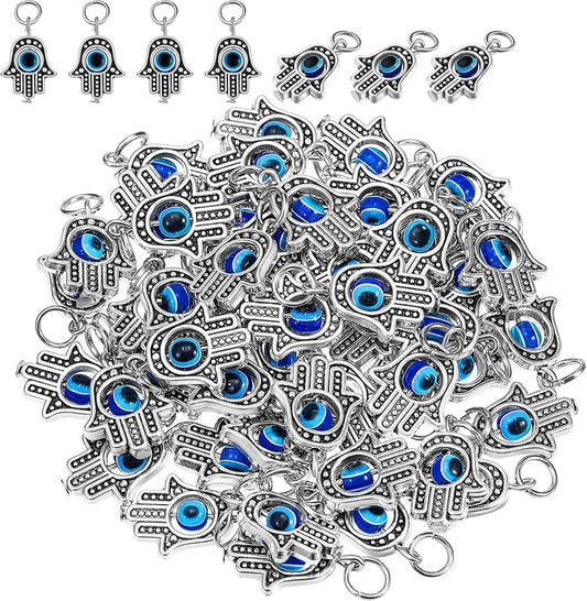 50 Pieces Hamsa Hand Charms Hamsa Evil Eye Pendant Bead Pendant Fatima Symbol Hand Beads Charms Pendant for Women Jewelry DIY Making Decor Silver