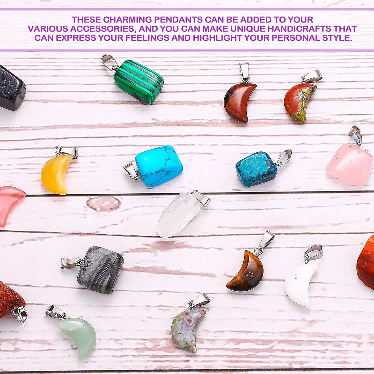 50 Pieces Stone Pendants Gemstone Charms Irregular Healing Stone Beads Moon Shape Stone Pendants Natural Gemstone Beads Quartz Charms for DIY Bracelets Necklaces Earrings Jewelry Making