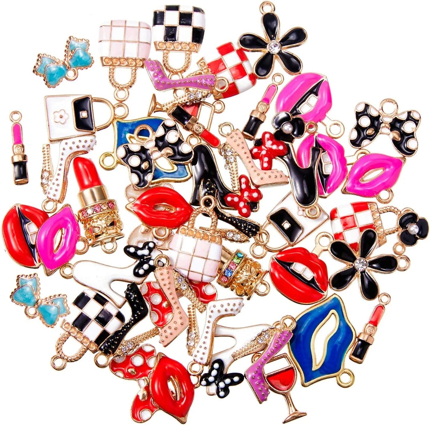 50 Pieces Women'S Makeup Lip Lipstick Charms Gold Plated Enamel High Heels Wallet Flower Bow Charm Pendant for DIY Jewelry Necklace Bracelet Earrings Making