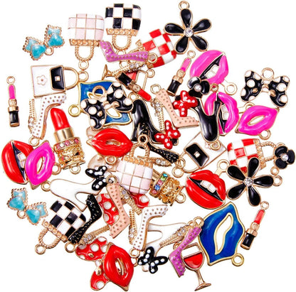50 Pieces Women'S Makeup Lip Lipstick Charms Gold Plated Enamel High Heels Wallet Flower Bow Charm Pendant for DIY Jewelry Necklace Bracelet Earrings Making
