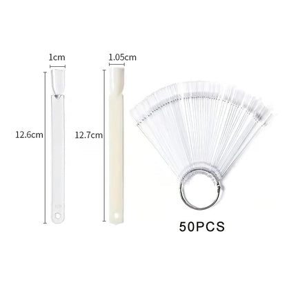50 Tips Transparent Fan-Shaped Nail Art Tips Display Polish Board Display Practice Sticks Tool with Metal Screw Split Ring Holder Health & Beauty > Personal Care > Cosmetics > Cosmetic Tools > Nail Tools AB   