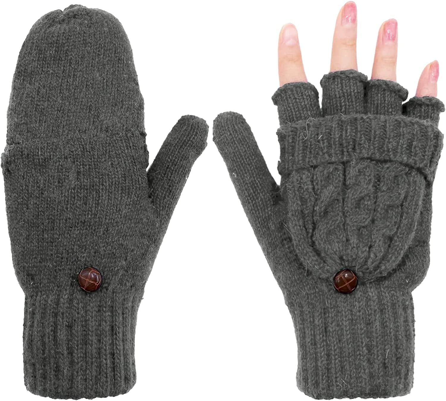 Beurlike Women'S Winter Gloves Warm Wool Knitted Convertible Fingerless Mittens Apparel & Accessories > Clothing Accessories > Gloves & Mittens Beurlike Darkgrey  