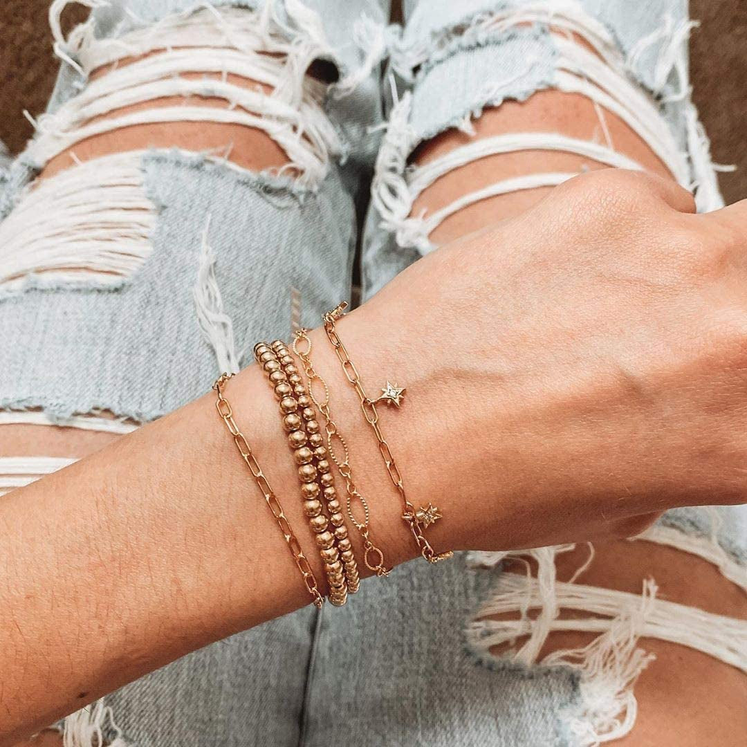 Reoxvo Dainty Gold Beaded Bracelets Set for Women 14K Gold Plated Stackable Bracelets for Women Elastic Stretch Gold Bracelet Trendy Jewelry Apparel & Accessories > Jewelry > Bracelets Reoxvo   