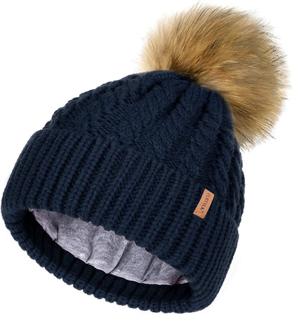 FURTALK Winter Beanie Hat for Women Cotton Lined Faux Fur Pom Pom Hats Womens Warm Thick Knit Skull Cap Apparel & Accessories > Clothing Accessories > Hats KYLIE MAX Dark Blue One Size 