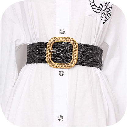 Women Skinny Dress Belt, Fashion Straw Woven Elastic Stretch Waist Band Wood Buckle Belt Apparel & Accessories > Clothing Accessories > Belts YUCFOREN Type 1-black Waist below 39" 