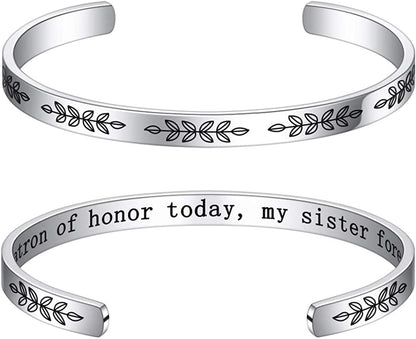 M MOOHAM Bracelets for Women- Engraved Quote Inspirational Bracelet Birthday Christmas Funny Gifts for Best Friend, Daughter, Son, Sister, Niece, Mom, Coworkers, Stainless Steel Jewelry Apparel & Accessories > Jewelry > Bracelets M MOOHAM Wedding gifts-My matron of honor today, my sister forever  