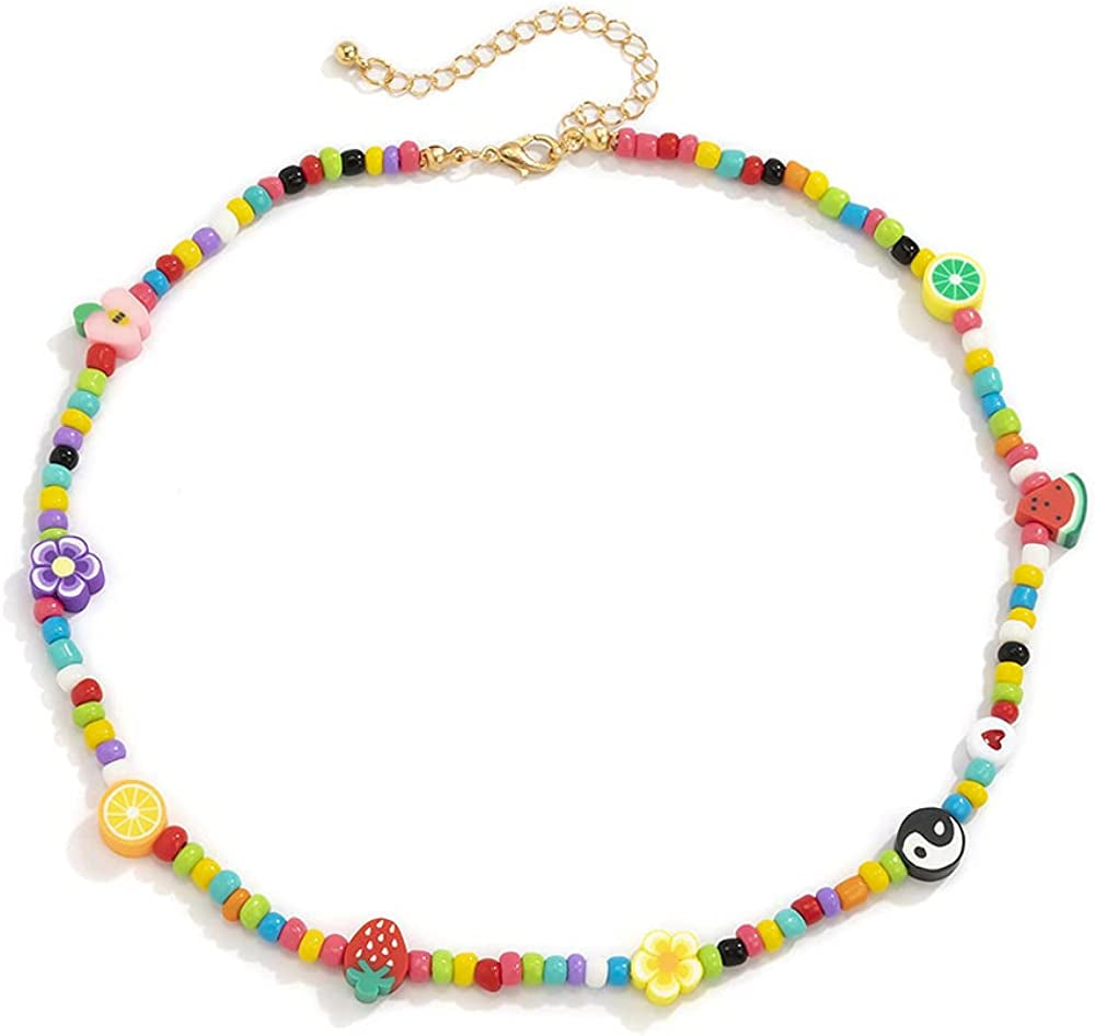 Boho Smiley Layered Beaded Necklaces with Strand Bracelet, Smile Face Star Fruits Flowers Heart Shape Beads Pearl Stackable Collar Necklace Anklet for Women Girls Vsco Summer Beach Trip Apparel & Accessories > Jewelry > Anklets Bincon D beads2  