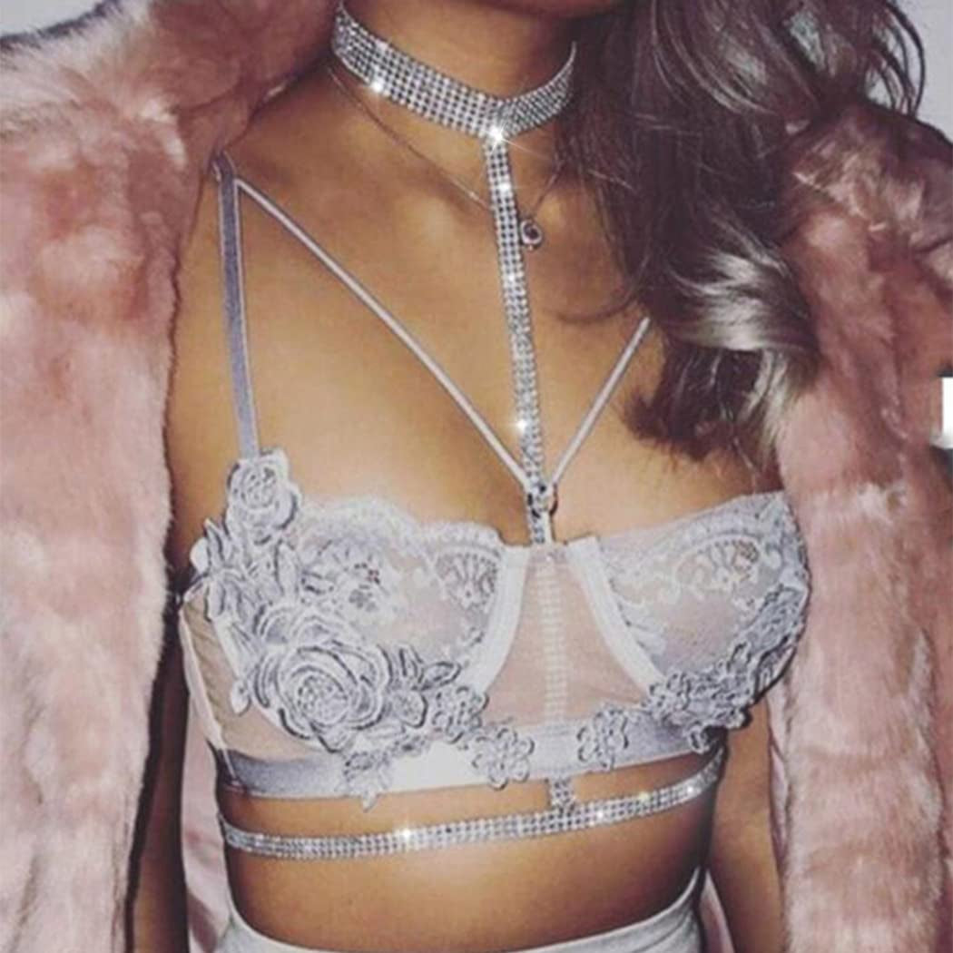 Bodiy Crystal Body Chains Bra Gold Rhinestones Chest Chain Bikini Rave Party Club Body Jewelry Sparkly Accessories for Women and Girls (Gold-3) Apparel & Accessories > Jewelry > Body Jewelry BODIY Silver-3  
