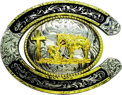 Moranse Religion Cross Cowboy Kneeling Prayer and Horse Design Belt Buckles Apparel & Accessories > Clothing Accessories > Belt Buckles Moranse Cross Cowboy  
