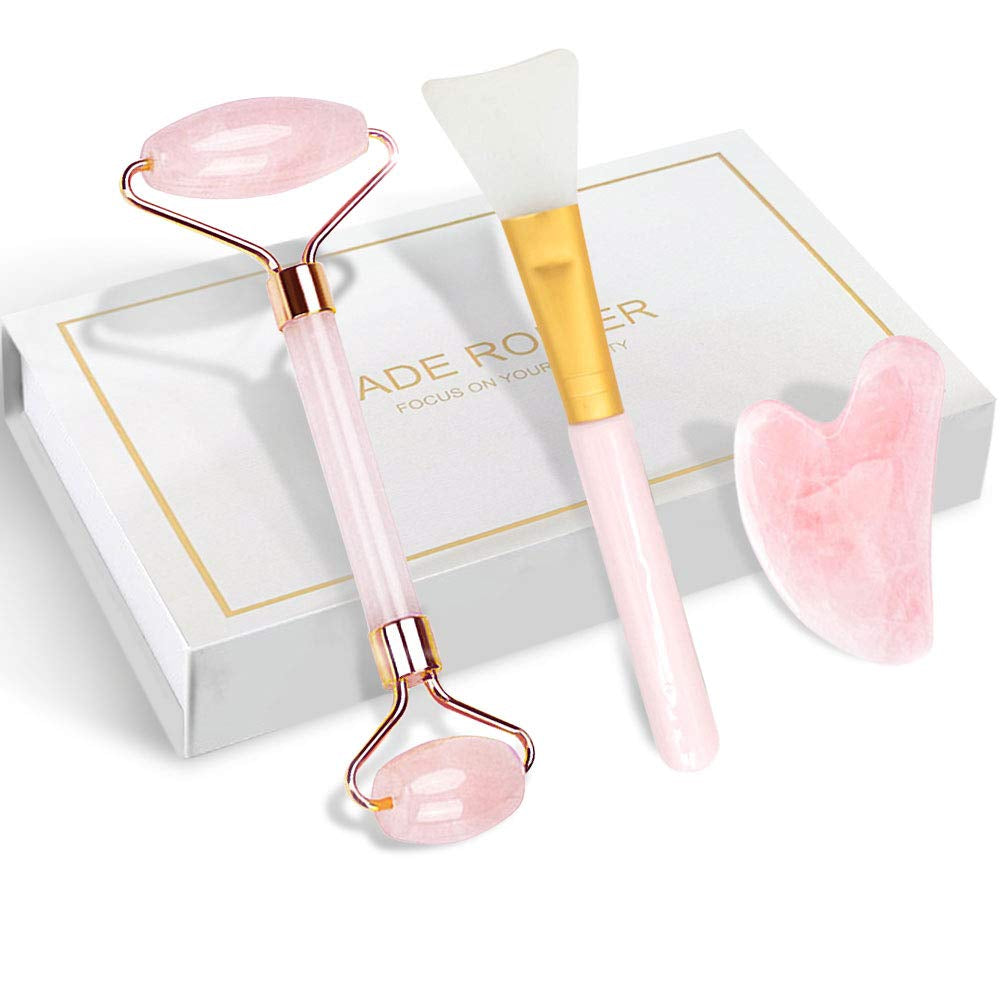 Rose Quartz Jade Roller and Gua Sha Tools Set, Mjartoria Face Roller Skin Care, Facial Roller Beauty Massager, Jade Roller for Face, Eyes, Neck, Relieve Wrinkles Fine Lines Health & Beauty > Personal Care > Cosmetics > Cosmetic Tools > Skin Care Tools MJartoria Pink-z Roller+guasha+brush-3pcs  