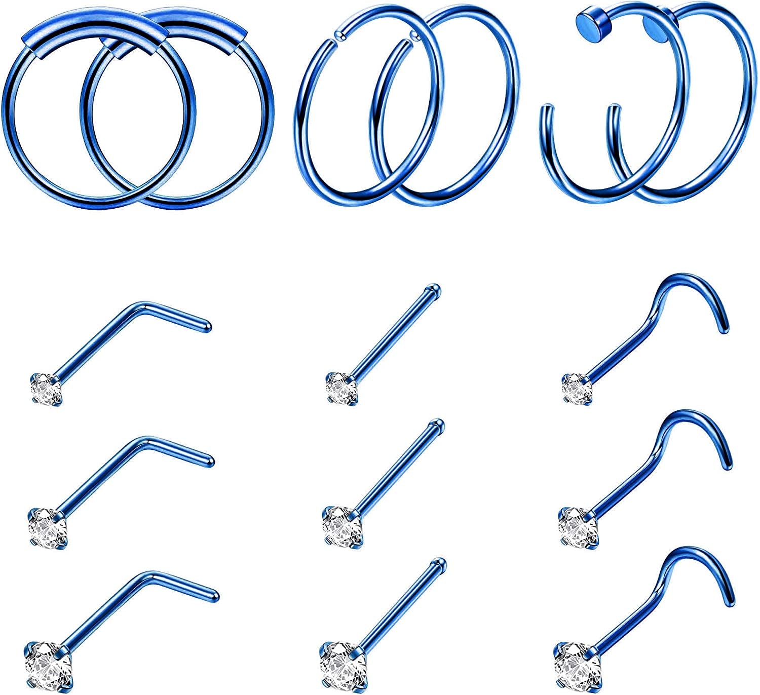 FINREZIO 15PCS 22G Surgical Steel Nose Rings Hoop Studs Cartilage Earrings Body Piercing Jewelry 1.5Mm 2Mm 2.5Mm CZ Apparel & Accessories > Jewelry > Rings FINREZIO F.Blue Nose Ring  