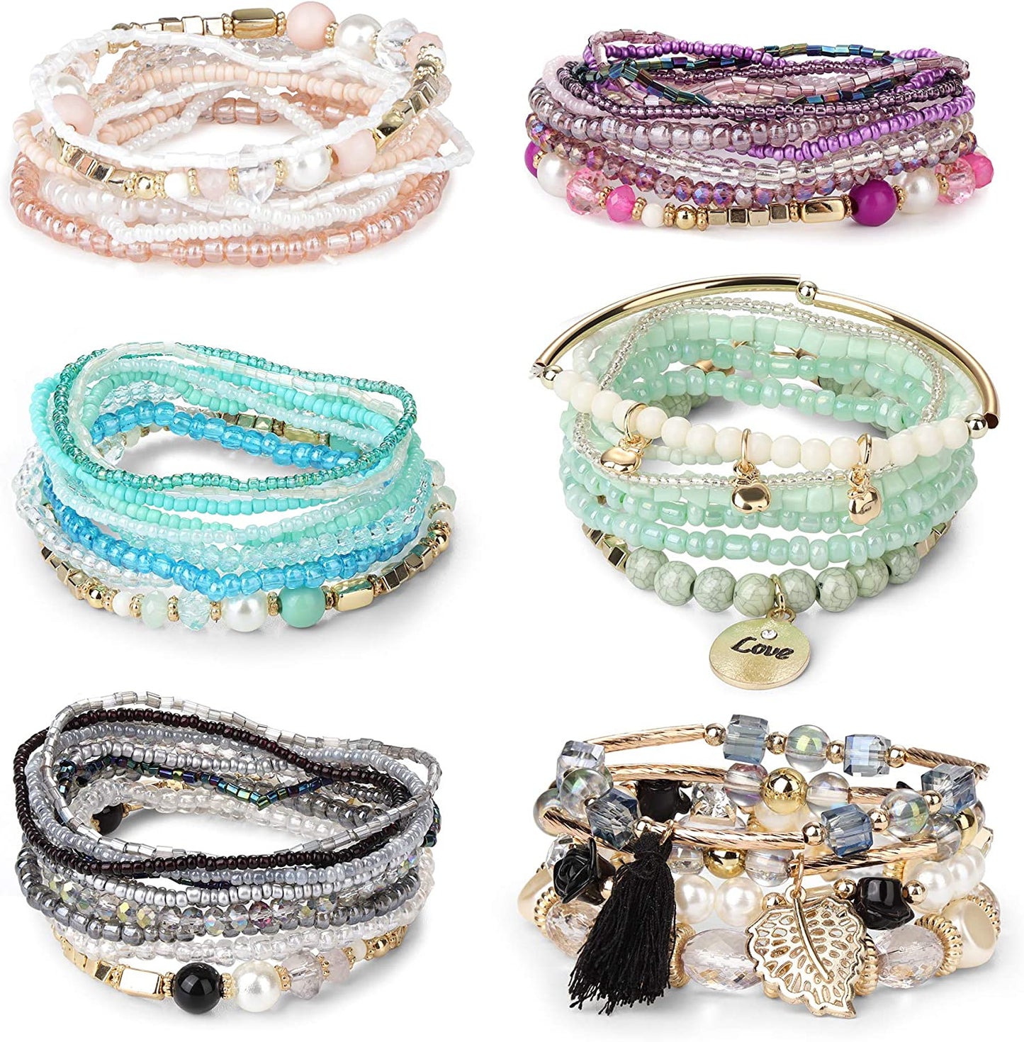 FIBO STEEL 6 Sets Bohemian Stackable Bead Bracelets for Women Stretch Multilayered Bracelet Set Multicolor Jewelry Apparel & Accessories > Jewelry > Bracelets FIBO STEEL C: 6 Sets  