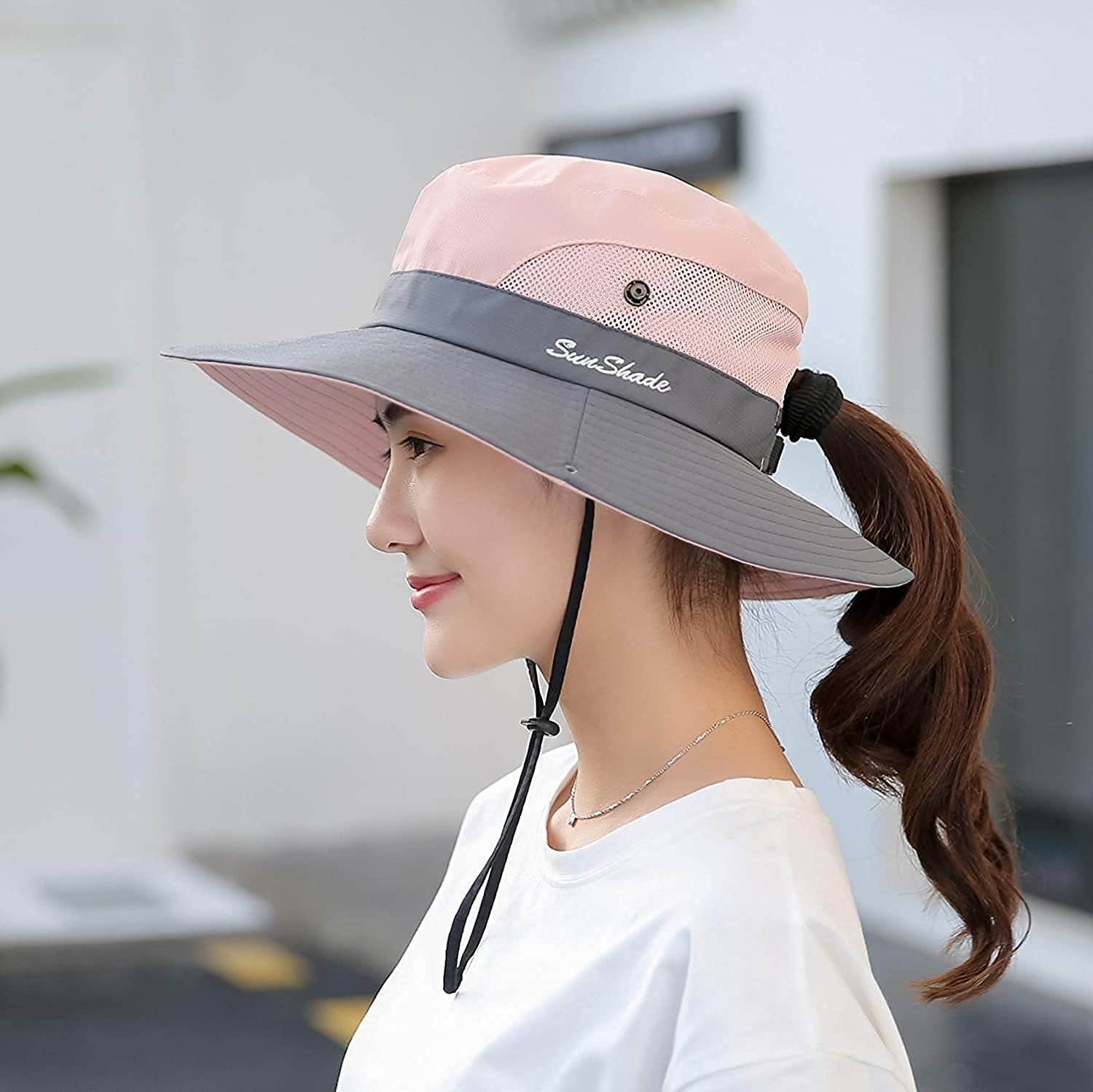 Sun Hat Womens Uv Protection Wide Brim Foldable Mesh Bucket Fishing Hat Ponytail Hole for Summer Hiking Swimming Beach Apparel & Accessories > Clothing Accessories > Hats UTOWO   