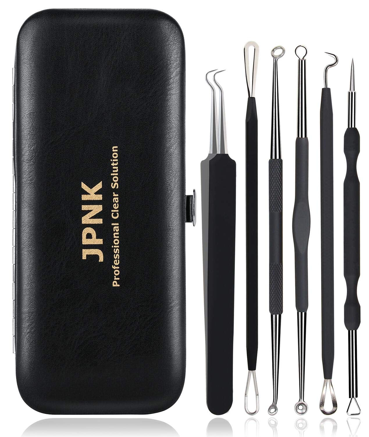 JPNK Blackhead Remover Tool Comedones Extractor Acne Removal Kit for Blemish, Whitehead Popping, 6 Pcs Zit Removing for Nose Face Tools with a Leather Bag Health & Beauty > Personal Care > Cosmetics > Cosmetic Tools > Skin Care Tools JPNK Black  