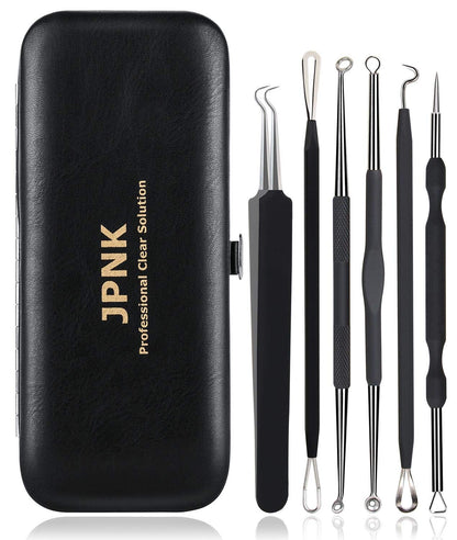 JPNK Blackhead Remover Tool Comedones Extractor Acne Removal Kit for Blemish, Whitehead Popping, 6 Pcs Zit Removing for Nose Face Tools with a Leather Bag Health & Beauty > Personal Care > Cosmetics > Cosmetic Tools > Skin Care Tools JPNK Black  