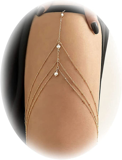 Snake Leg Chain for Women Thigh Chain for Girls Gold Snake Pendant Boho Body Chain for Beach Summer Holiday Apparel & Accessories > Jewelry > Body Jewelry HUASAI Slim Gold Pearl Beads  