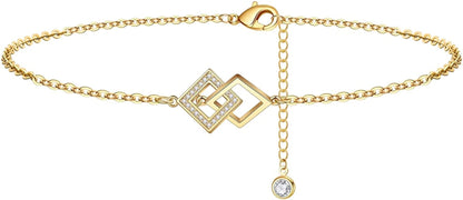 Dainty Ankle Bracelets for Women Girls, 14K Gold Filled Handmade Anklet Tiny Lock Key Star Lightning Crescent Elephant Evil Eye Ankle Bracelets for Women Girls Summer Boho Beach Foot Jewelry Apparel & Accessories > Jewelry > Anklets Yoosteel Double Squares  