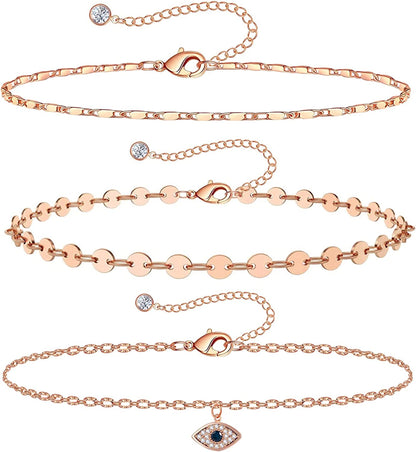 Gold Ankle Bracelets for Women 14K Gold Plated Anklet Silver Rose Gold Evil Eye Tennis Crystal Cubic Zirconia Faux Diamond Rhinestone Anklet Dainty Layered Anklet Set 3Pcs Apparel & Accessories > Jewelry > Anklets Vermeyen X-Rose Gold Evil Eye  