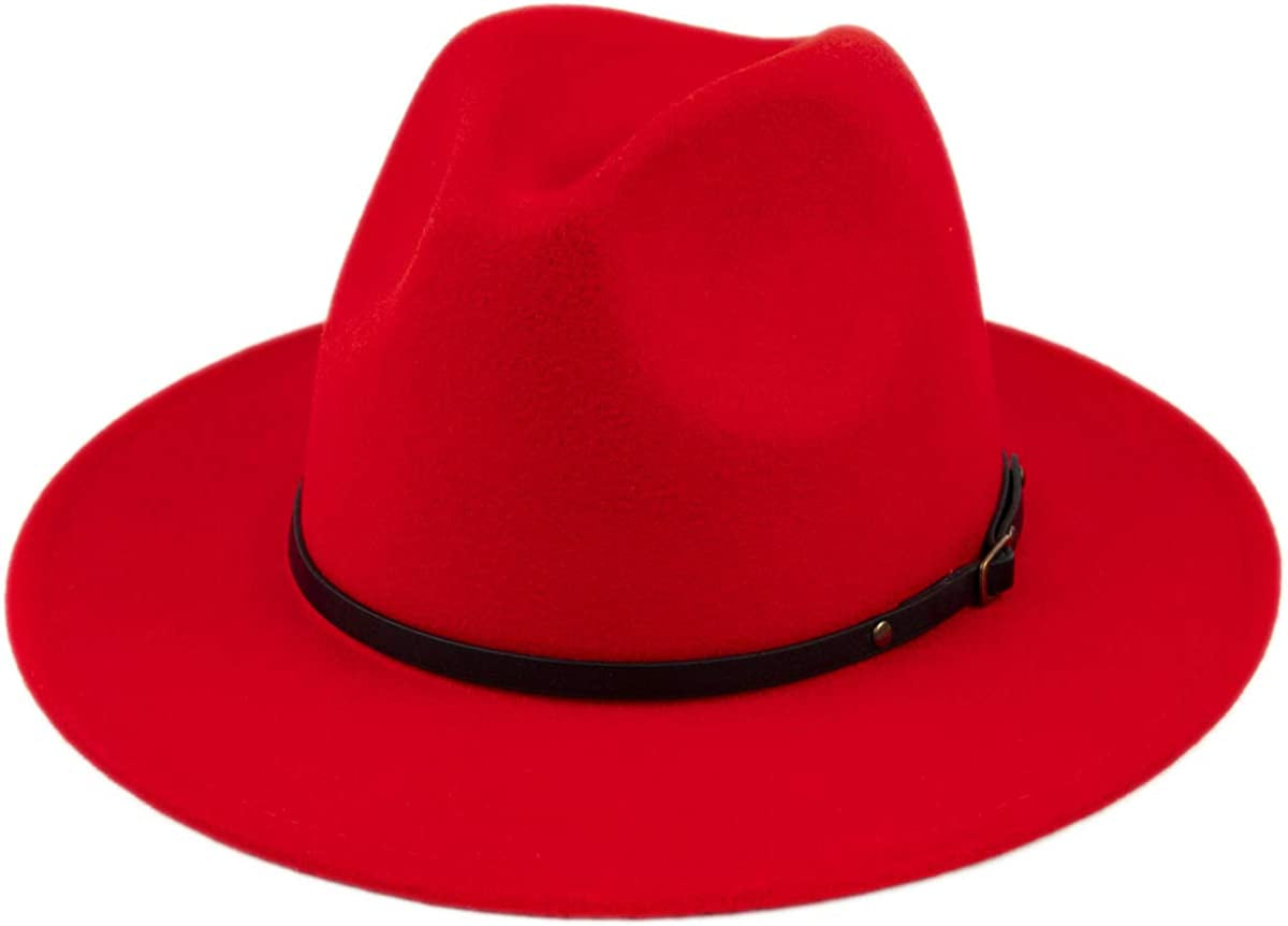 Lanzom Womens Classic Wide Brim Floppy Panama Hat Belt Buckle Wool Fedora Hat Apparel & Accessories > Clothing Accessories > Hats Lanzom Red One Size 